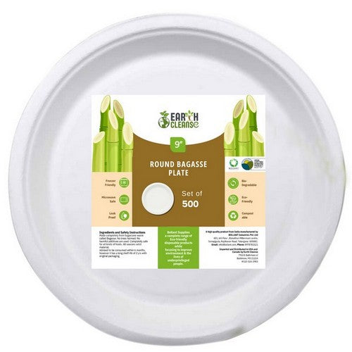 9" Round Bagasse Plates Premium 500 Pack by Earth Cleanse