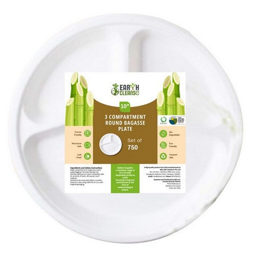 10" Round 3 Compartment Round Bagasse Plate Premium 750 Pack by Earth Cleanse