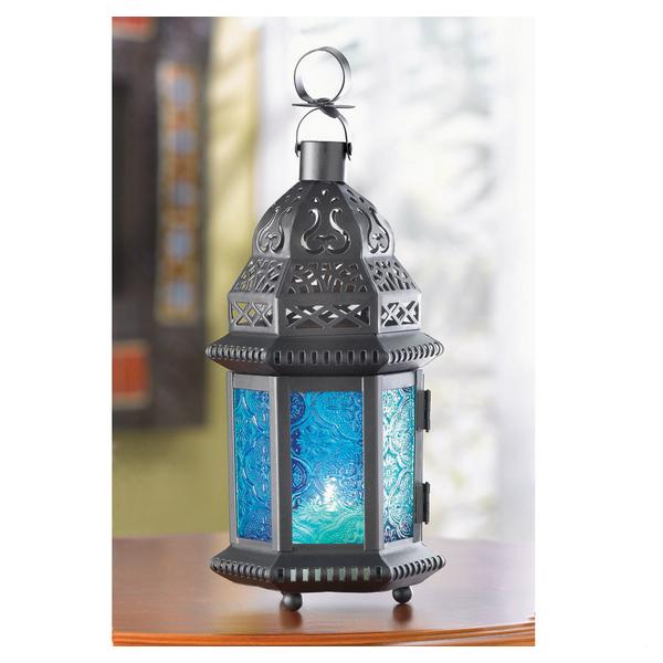 Azure Glass Moroccan Candle Lantern - 10 inches - Giftscircle