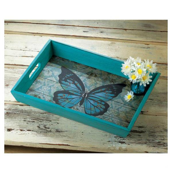 Blue Butterfly Wood Serving Tray - Giftscircle