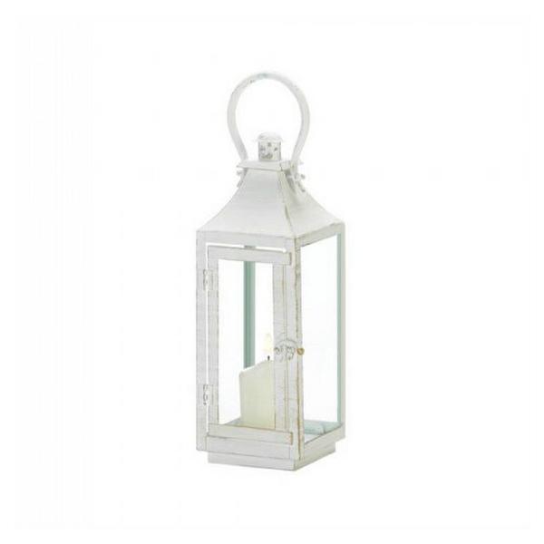 Distressed White Metal Candle Lantern - 12 inches - Giftscircle