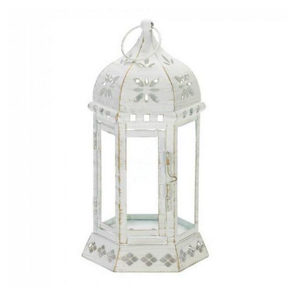 Distressed White Metal Lantern with Floral Cutouts - 10.5 inches - Giftscircle