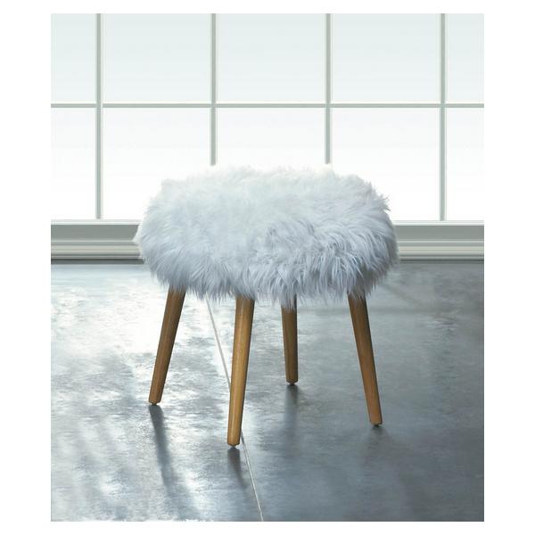 Faux Fur Stool with Wood Legs - White - Giftscircle