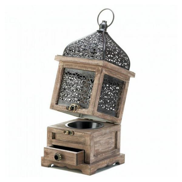 Flip-Top Wood Lantern with Drawer - 14 inches - Giftscircle