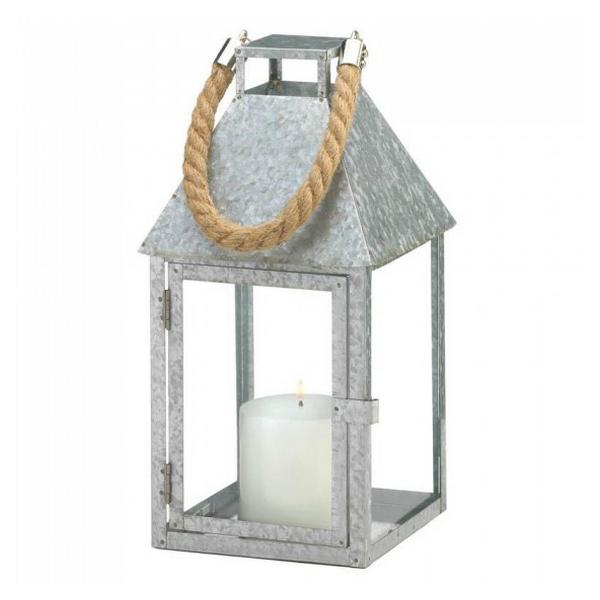 Galvanized Metal Candle Lantern with Rope Handle - 12 inches - Giftscircle