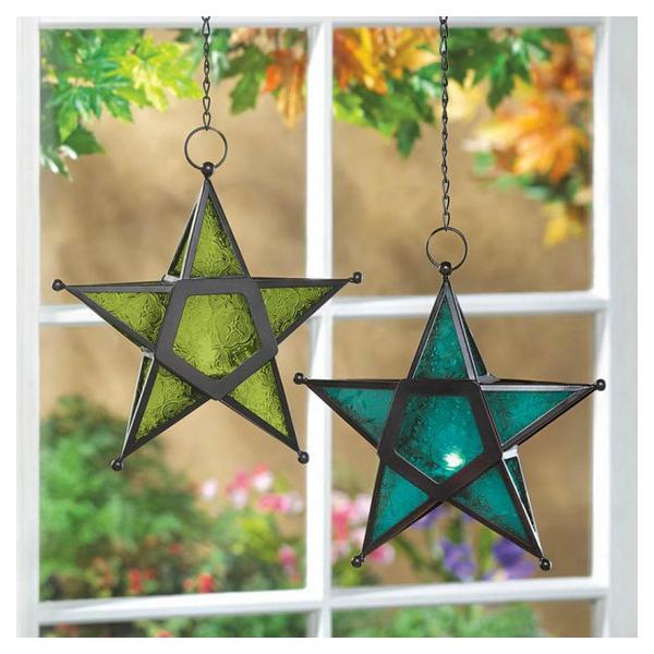 Glass Star Hanging Candle Lantern - Blue - Giftscircle