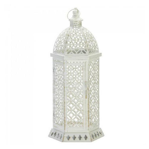 Lacy Cutout Distressed White Candle Lantern - 20 inches - Giftscircle