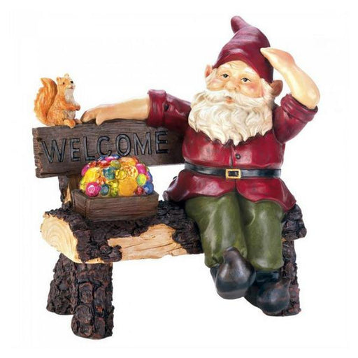 Solar Gnome on Welcome Bench with Light-Up Jewels - Giftscircle