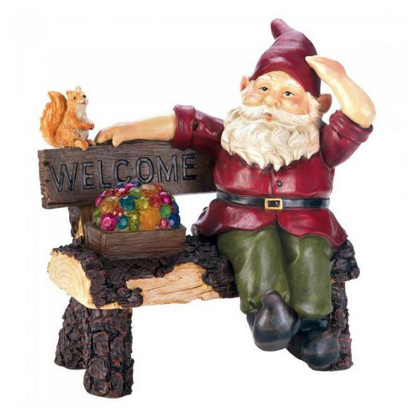 Solar Gnome on Welcome Bench with Light-Up Jewels - Giftscircle